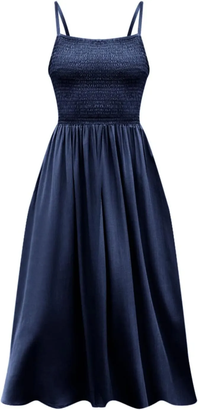 Women's Summer Maxi Dress Casual Boho Sleeveless Spaghetti Strap Smocked Tiered Long Beach Sun Dresses Vacation