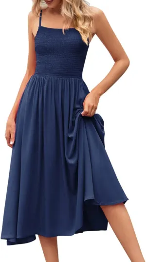 Women's Summer Maxi Dress Casual Boho Sleeveless Spaghetti Strap Smocked Tiered Long Beach Sun Dresses Vacation