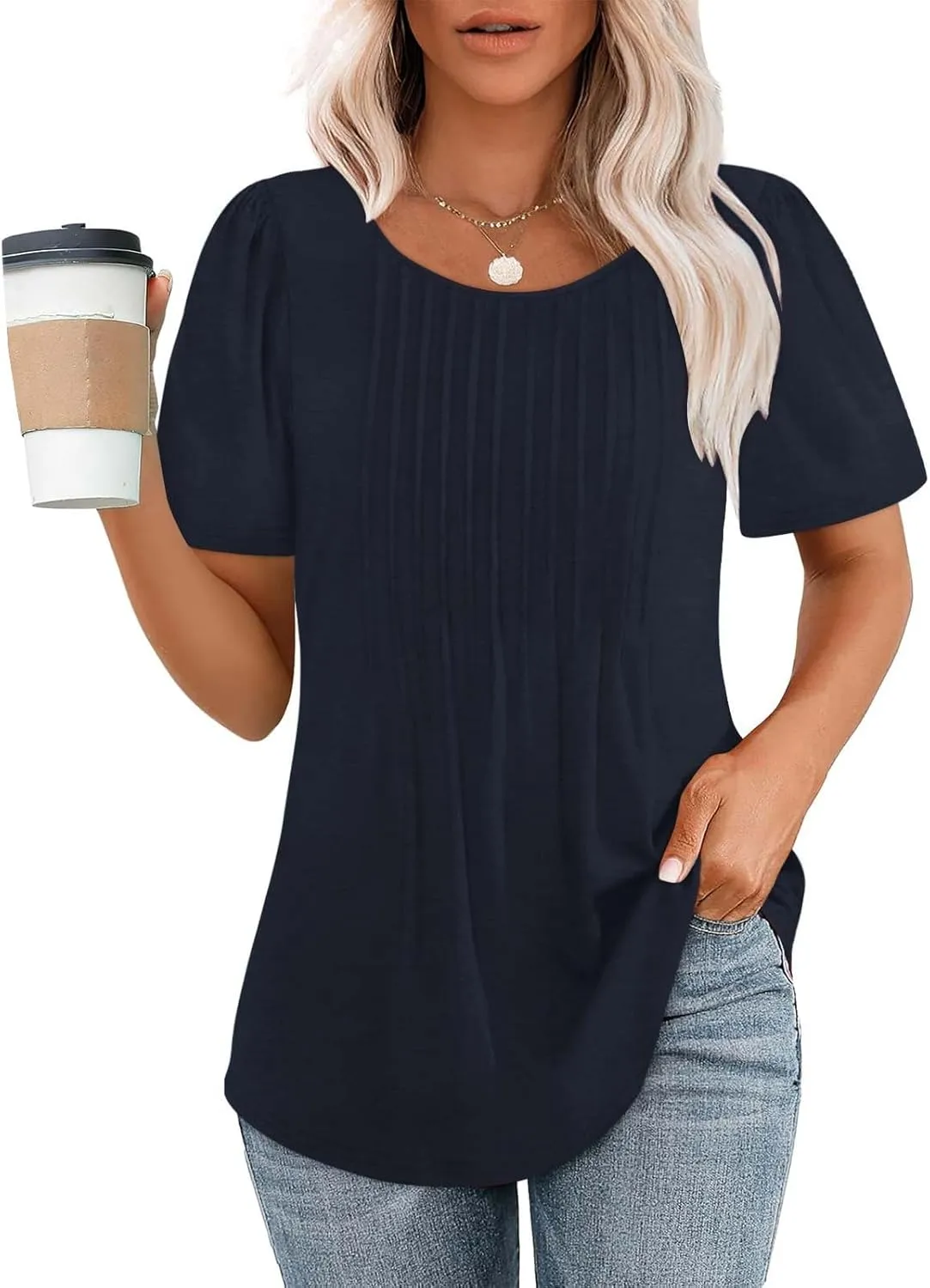 Womens Summer Short Sleeve Pleated Tops Crew Neck Puff Sleeve Blouses Tunic Tops 2024 Loose Fit Dressy Casual T Shirts