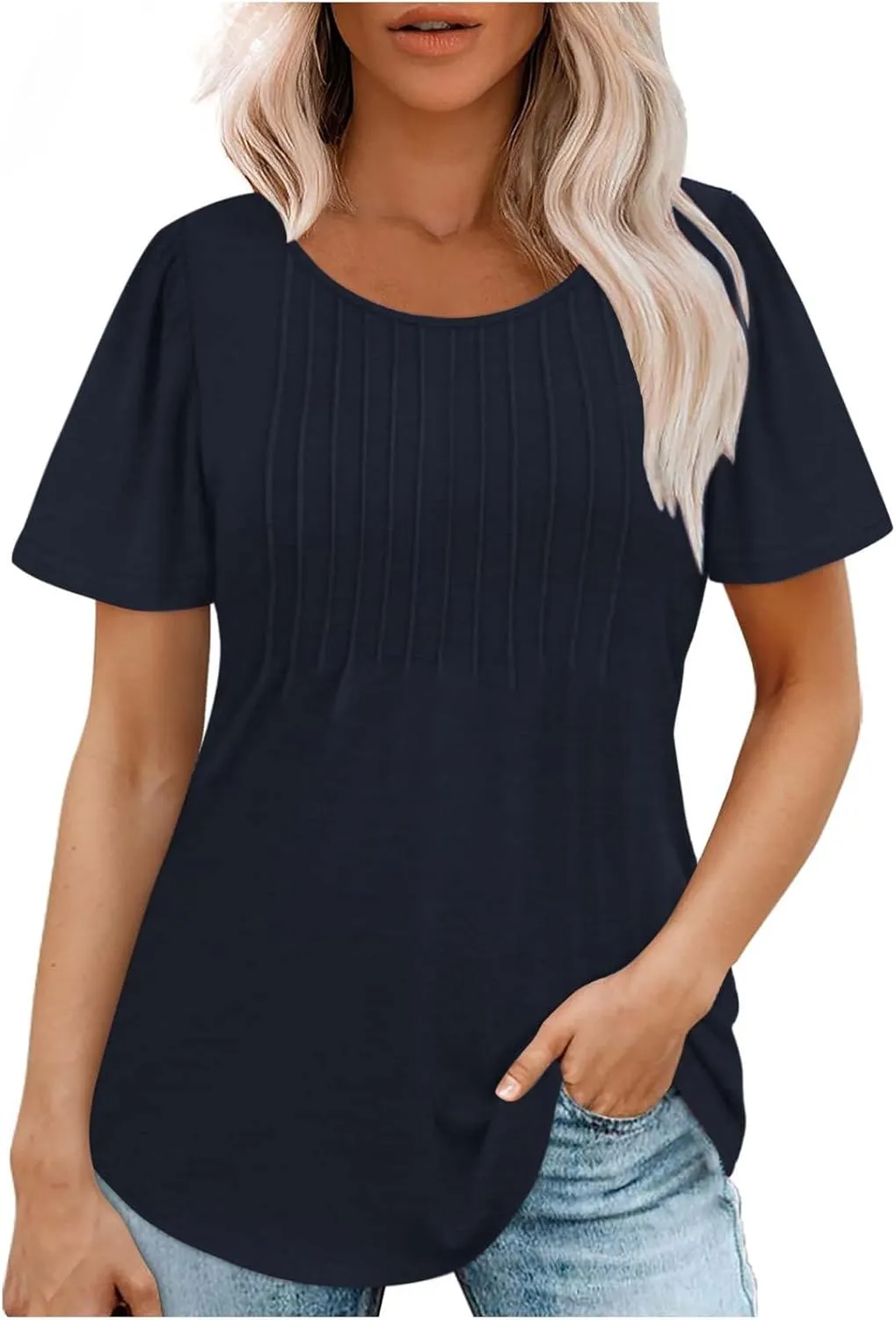 Womens Summer Short Sleeve Pleated Tops Crew Neck Puff Sleeve Blouses Tunic Tops 2024 Loose Fit Dressy Casual T Shirts