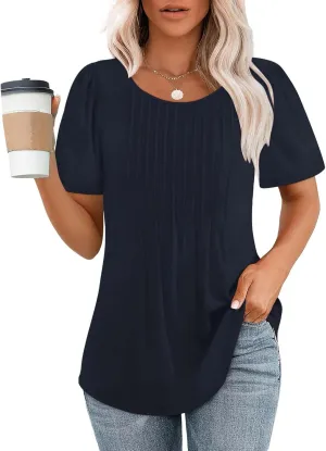 Womens Summer Short Sleeve Pleated Tops Crew Neck Puff Sleeve Blouses Tunic Tops 2024 Loose Fit Dressy Casual T Shirts