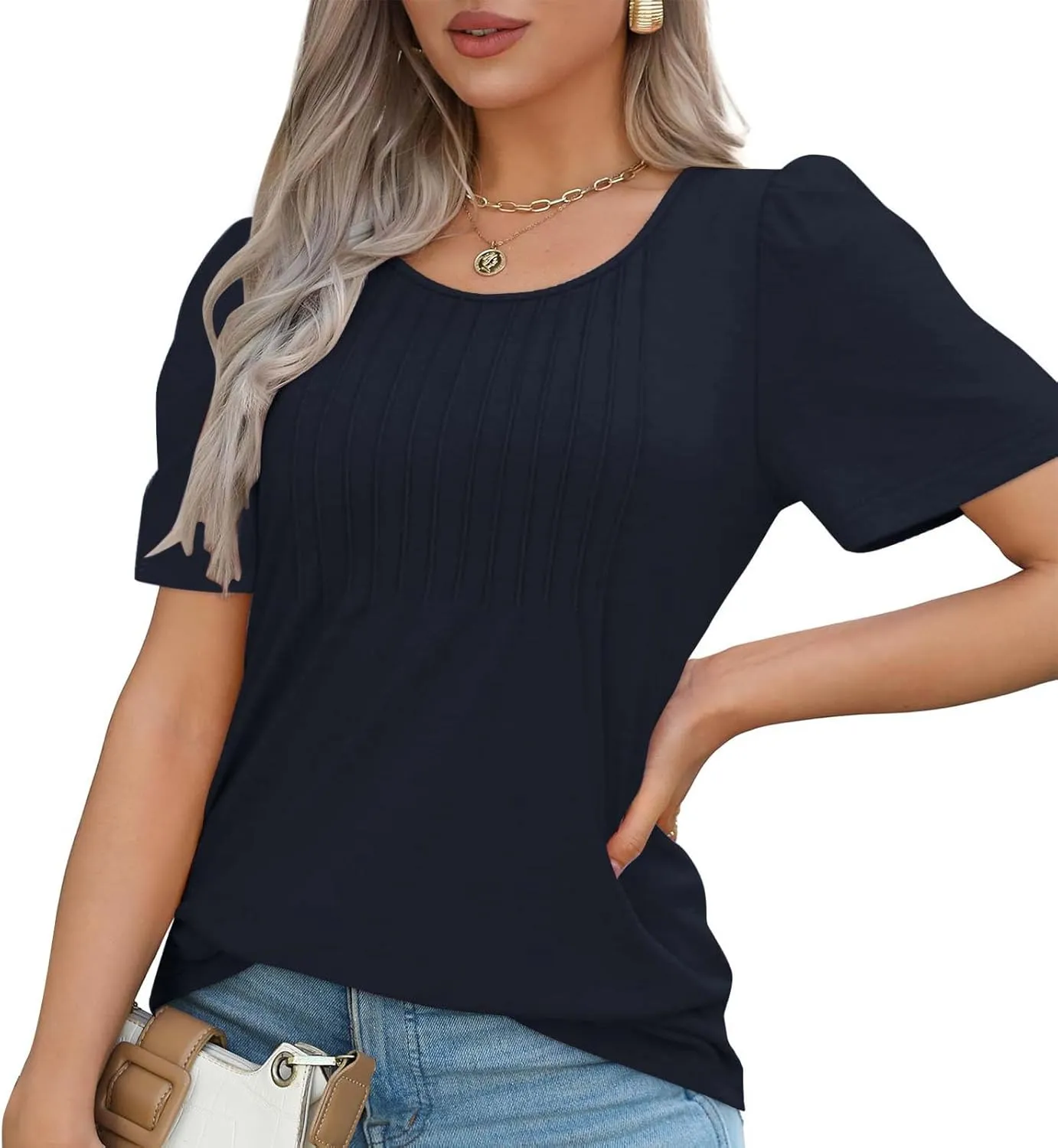 Womens Summer Short Sleeve Pleated Tops Crew Neck Puff Sleeve Blouses Tunic Tops 2024 Loose Fit Dressy Casual T Shirts