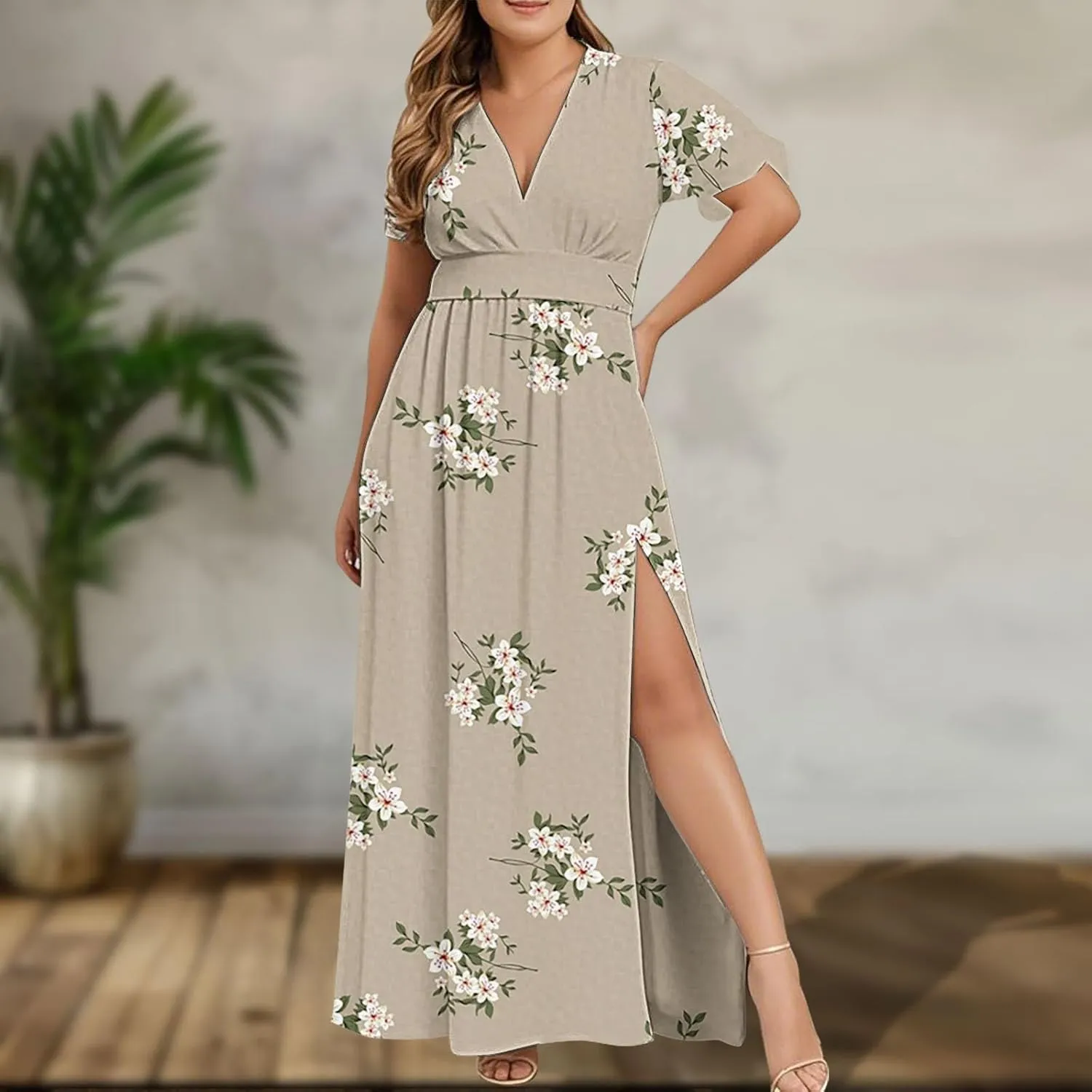 Womens Summer Wrap Maxi Dress Casual Boho Floral V Neck Short Sleeve Plus Size Hem Split Beach Long Dresses