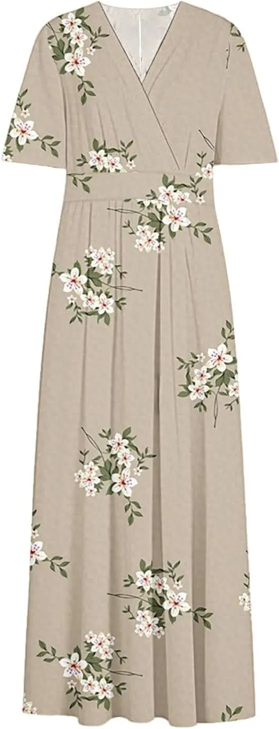Womens Summer Wrap Maxi Dress Casual Boho Floral V Neck Short Sleeve Plus Size Hem Split Beach Long Dresses