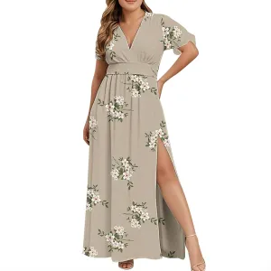 Womens Summer Wrap Maxi Dress Casual Boho Floral V Neck Short Sleeve Plus Size Hem Split Beach Long Dresses