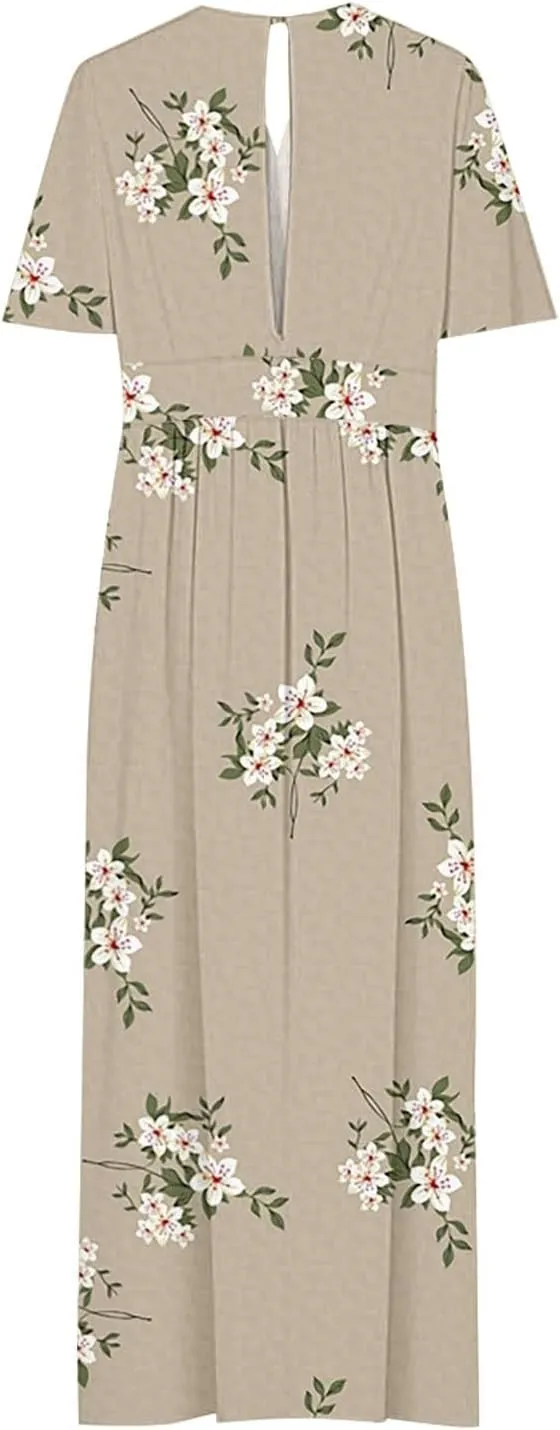Womens Summer Wrap Maxi Dress Casual Boho Floral V Neck Short Sleeve Plus Size Hem Split Beach Long Dresses