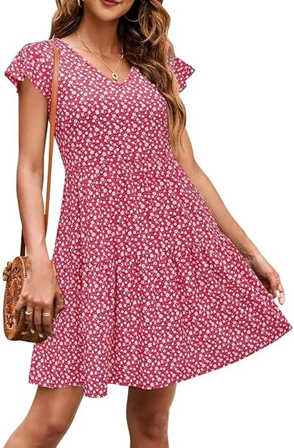 Women's Summer Wrap V Neck Polka Dot Print Ruffle Short Sleeve Mini Floral Dress with Girls Dresses Size 10-12