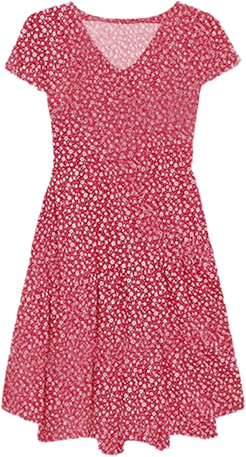 Women's Summer Wrap V Neck Polka Dot Print Ruffle Short Sleeve Mini Floral Dress with Girls Dresses Size 10-12