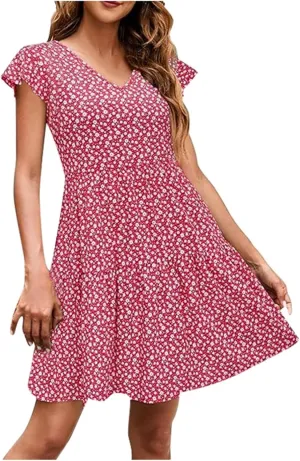 Women's Summer Wrap V Neck Polka Dot Print Ruffle Short Sleeve Mini Floral Dress with Girls Dresses Size 10-12