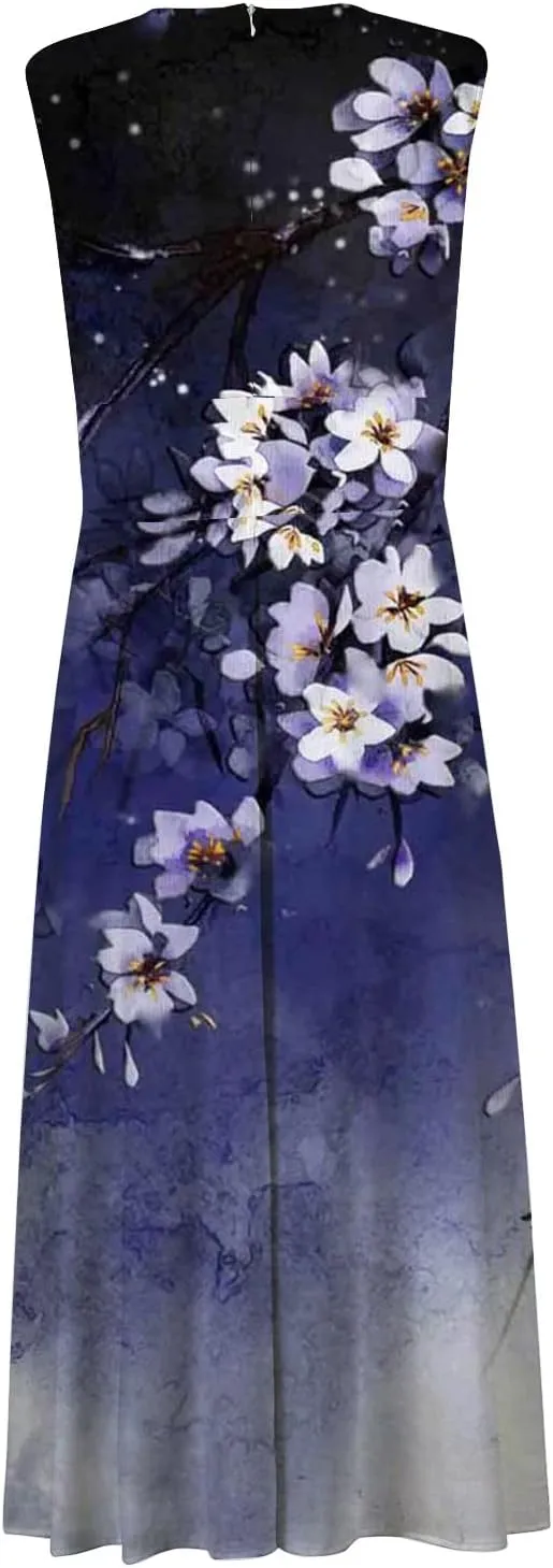 Women's Sundresses 2025 V-Neck Floral Print Sleeveless Casual Swing High Waist Long Maxi Dress, S-3XL