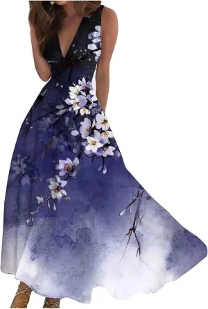 Women's Sundresses 2025 V-Neck Floral Print Sleeveless Casual Swing High Waist Long Maxi Dress, S-3XL