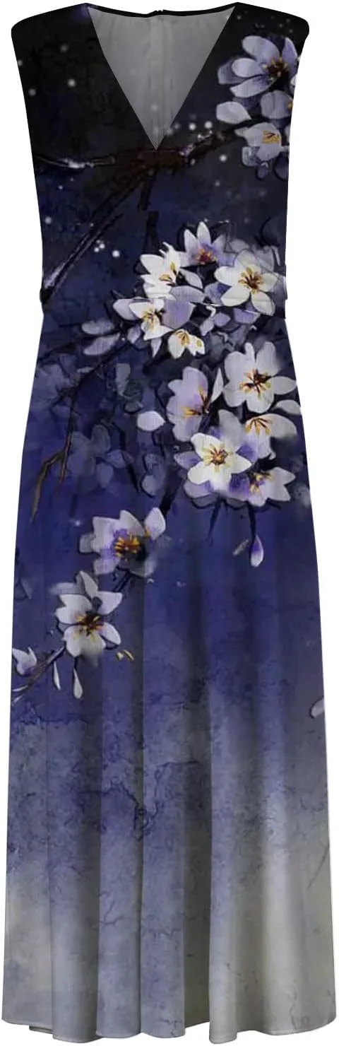 Women's Sundresses 2025 V-Neck Floral Print Sleeveless Casual Swing High Waist Long Maxi Dress, S-3XL