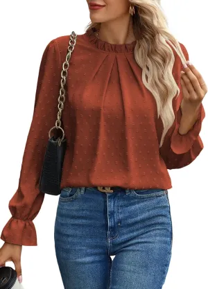 Women's Swiss Dot Shirt Ruffle Long Sleeve Pleated Crewneck Blouse Casual Loose Tops