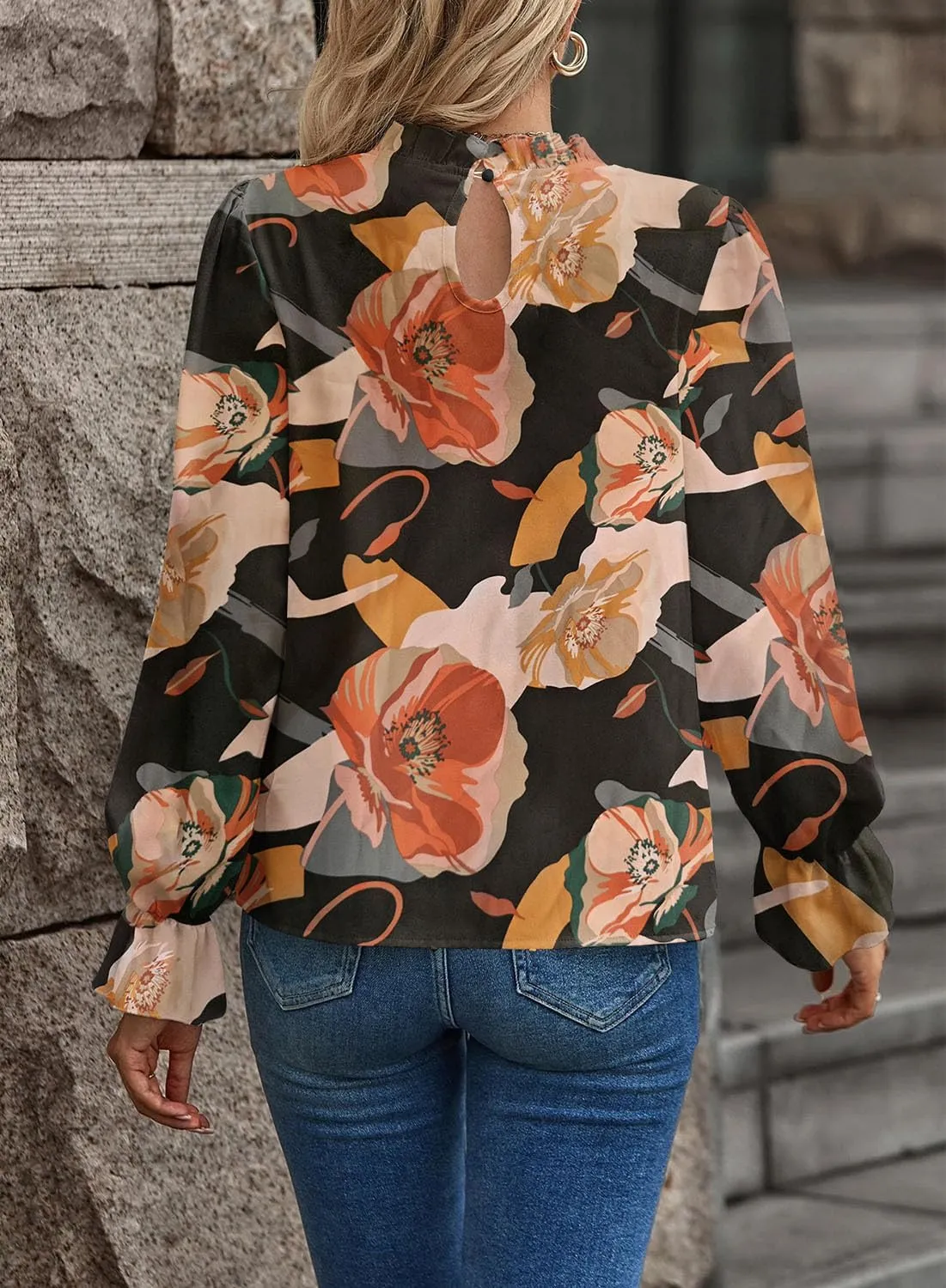Women's Swiss Dot Shirt Ruffle Long Sleeve Pleated Crewneck Blouse Casual Loose Tops