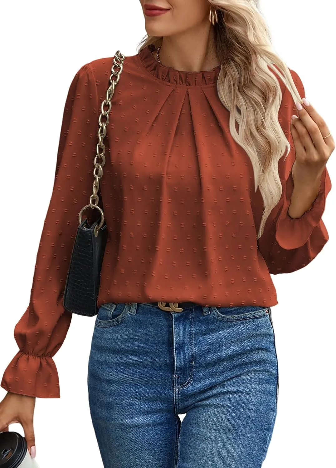 Women's Swiss Dot Shirt Ruffle Long Sleeve Pleated Crewneck Blouse Casual Loose Tops