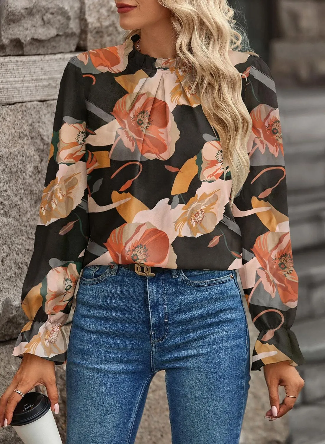 Women's Swiss Dot Shirt Ruffle Long Sleeve Pleated Crewneck Blouse Casual Loose Tops