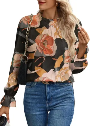 Women's Swiss Dot Shirt Ruffle Long Sleeve Pleated Crewneck Blouse Casual Loose Tops