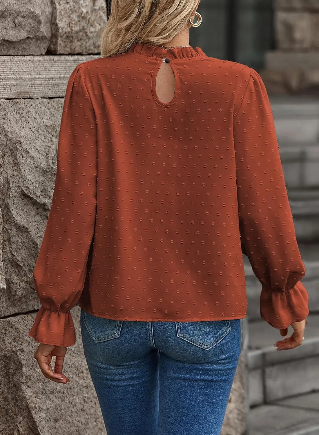 Women's Swiss Dot Shirt Ruffle Long Sleeve Pleated Crewneck Blouse Casual Loose Tops