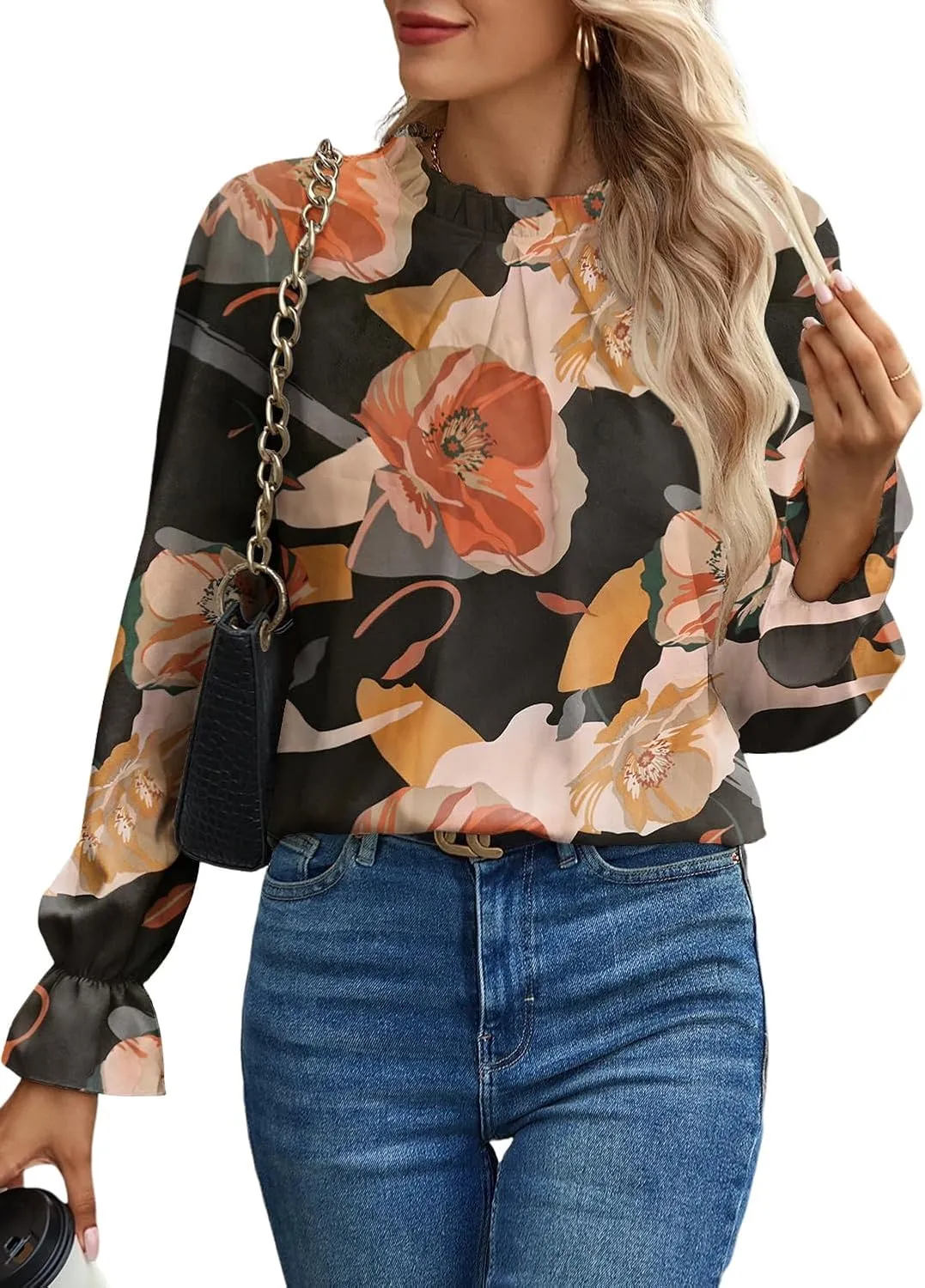Women's Swiss Dot Shirt Ruffle Long Sleeve Pleated Crewneck Blouse Casual Loose Tops