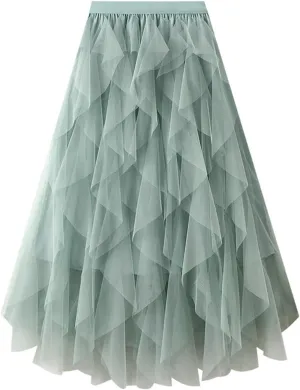 Womens Tulle Ruffle Midi Skirts Casual High Waisted A Line Tiered Tutu Pleated Fairy Skirt