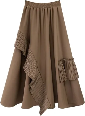 Womens Vintage High Waisted Skirt Asymmetrical Ruffle Hem A-Line Pleated Midi Skirt