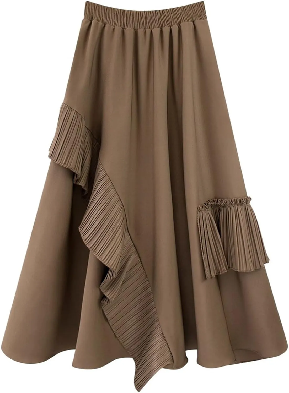 Womens Vintage High Waisted Skirt Asymmetrical Ruffle Hem A-Line Pleated Midi Skirt