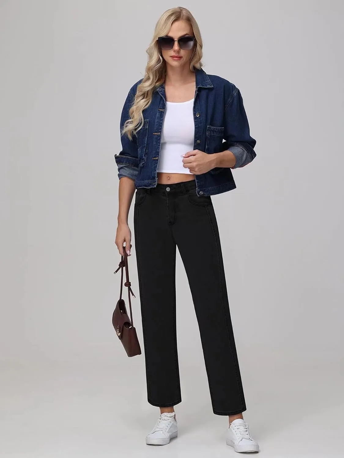 Womens Wide Leg Jeans High Waisted Stretchy Front Seams Ankle Length Straight Leg Jeans for Women
