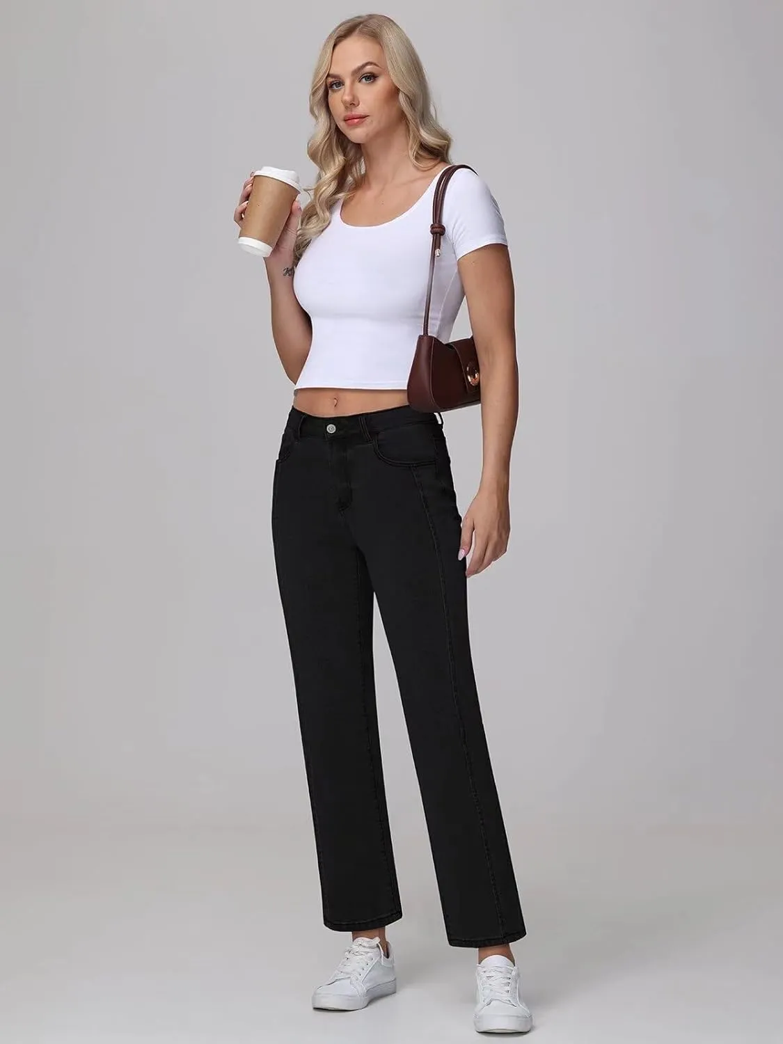 Womens Wide Leg Jeans High Waisted Stretchy Front Seams Ankle Length Straight Leg Jeans for Women