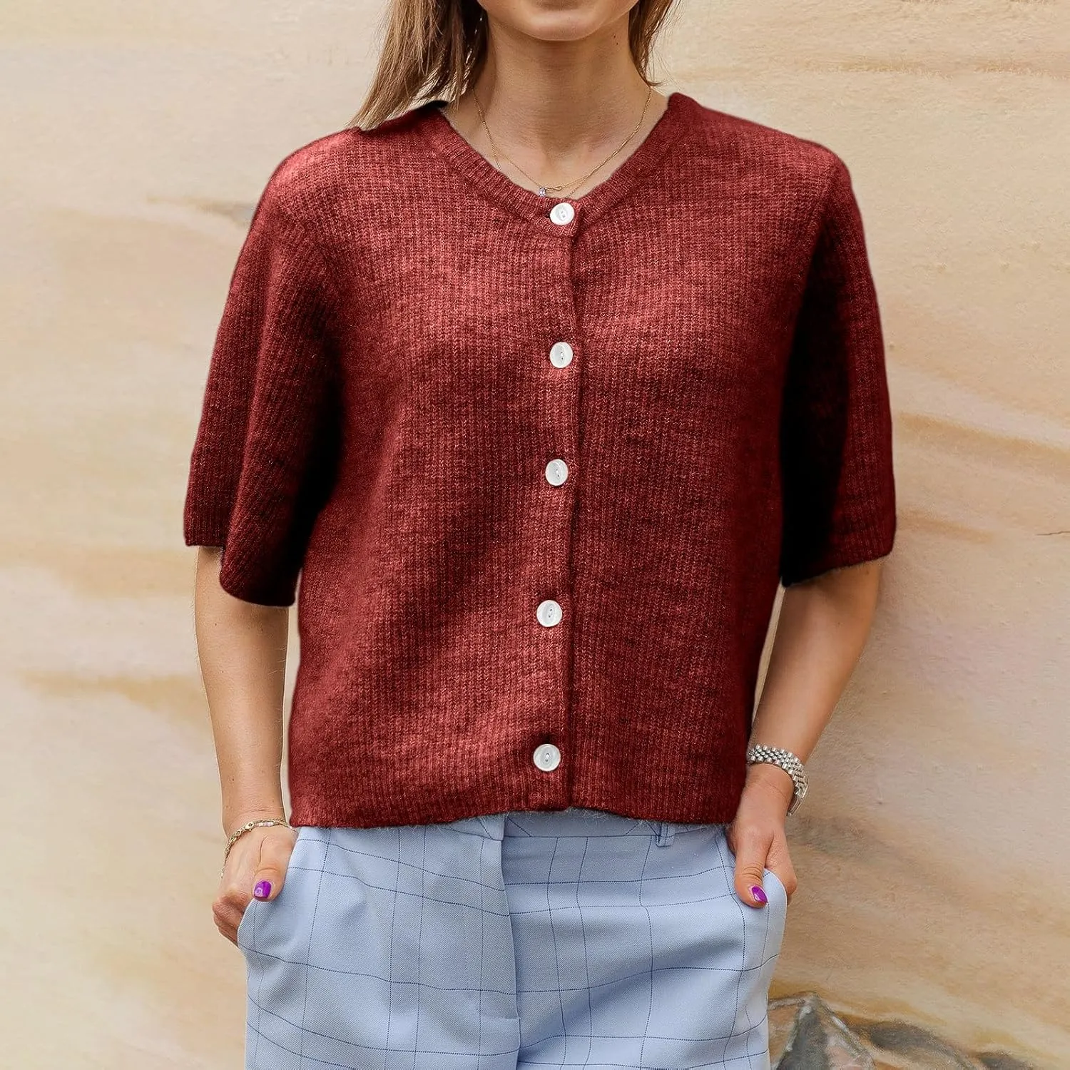 Women's Y2K Summer Button Down Sweater Cardigans Shirts Short Sleeve Knitted Blouse Top Going Out Cropped Knit Tops