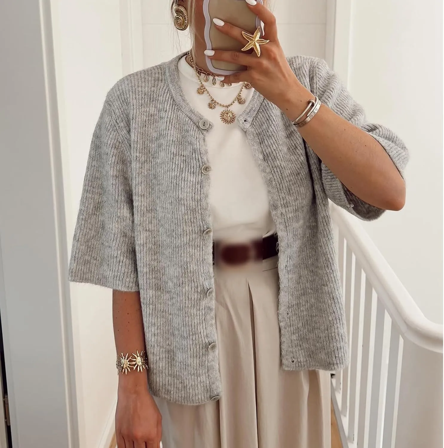 Women's Y2K Summer Button Down Sweater Cardigans Shirts Short Sleeve Knitted Blouse Top Going Out Cropped Knit Tops