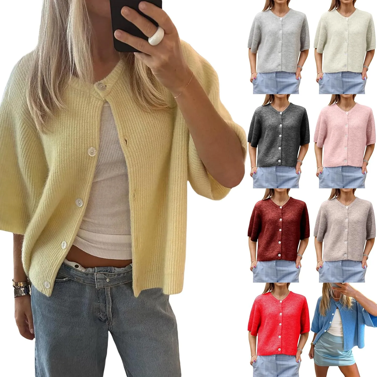 Women's Y2K Summer Button Down Sweater Cardigans Shirts Short Sleeve Knitted Blouse Top Going Out Cropped Knit Tops