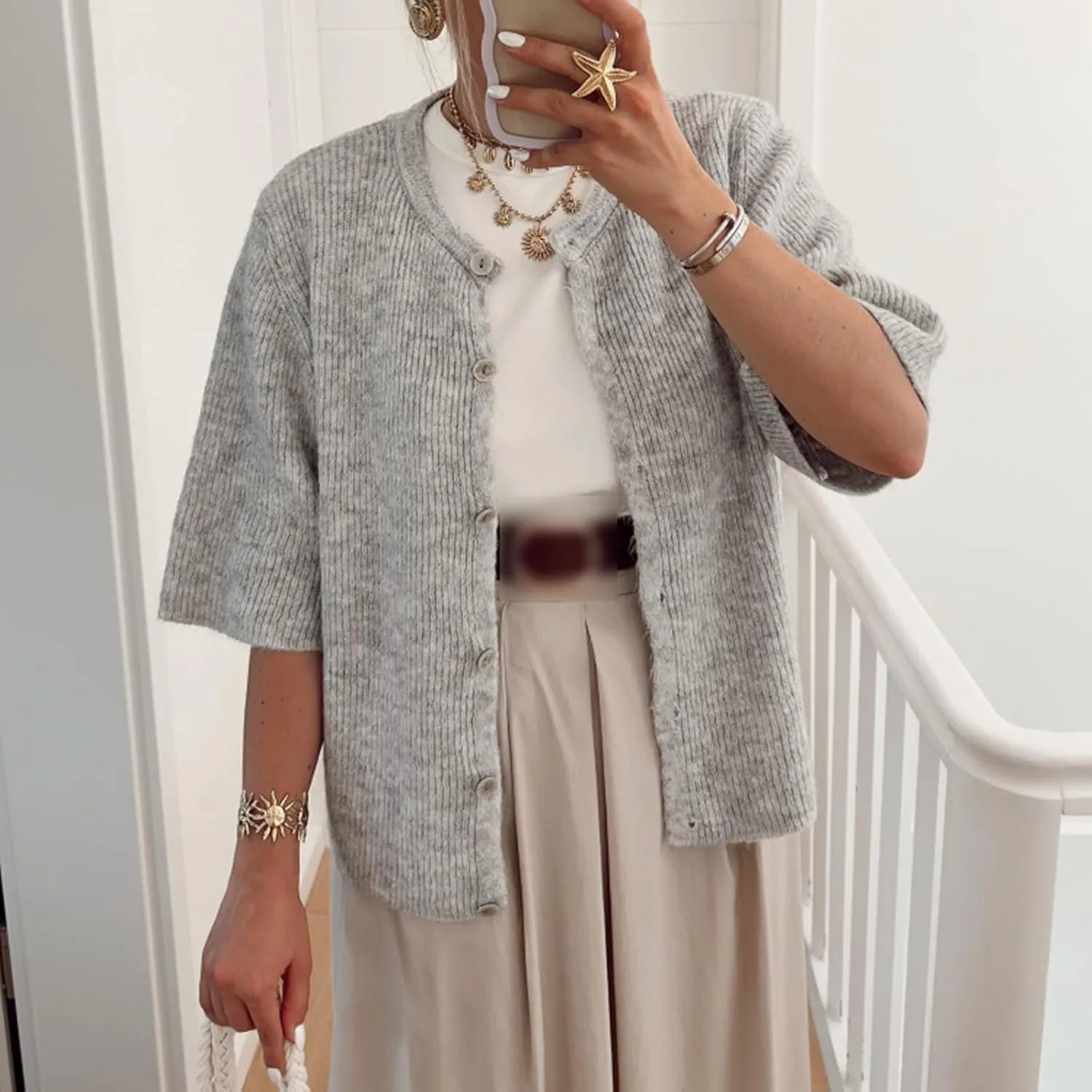 Women's Y2K Summer Button Down Sweater Cardigans Shirts Short Sleeve Knitted Blouse Top Going Out Cropped Knit Tops