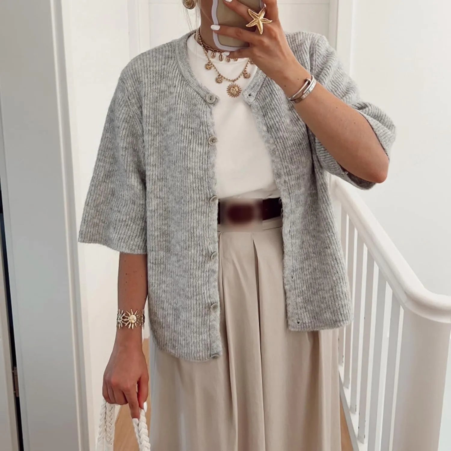 Women's Y2K Summer Button Down Sweater Cardigans Shirts Short Sleeve Knitted Blouse Top Going Out Cropped Knit Tops