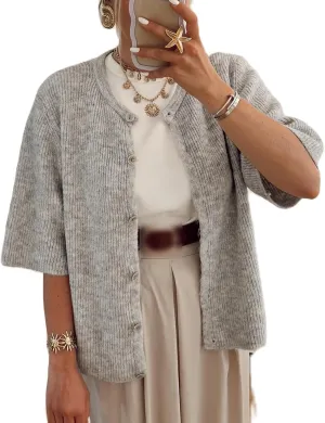 Women's Y2K Summer Button Down Sweater Cardigans Shirts Short Sleeve Knitted Blouse Top Going Out Cropped Knit Tops