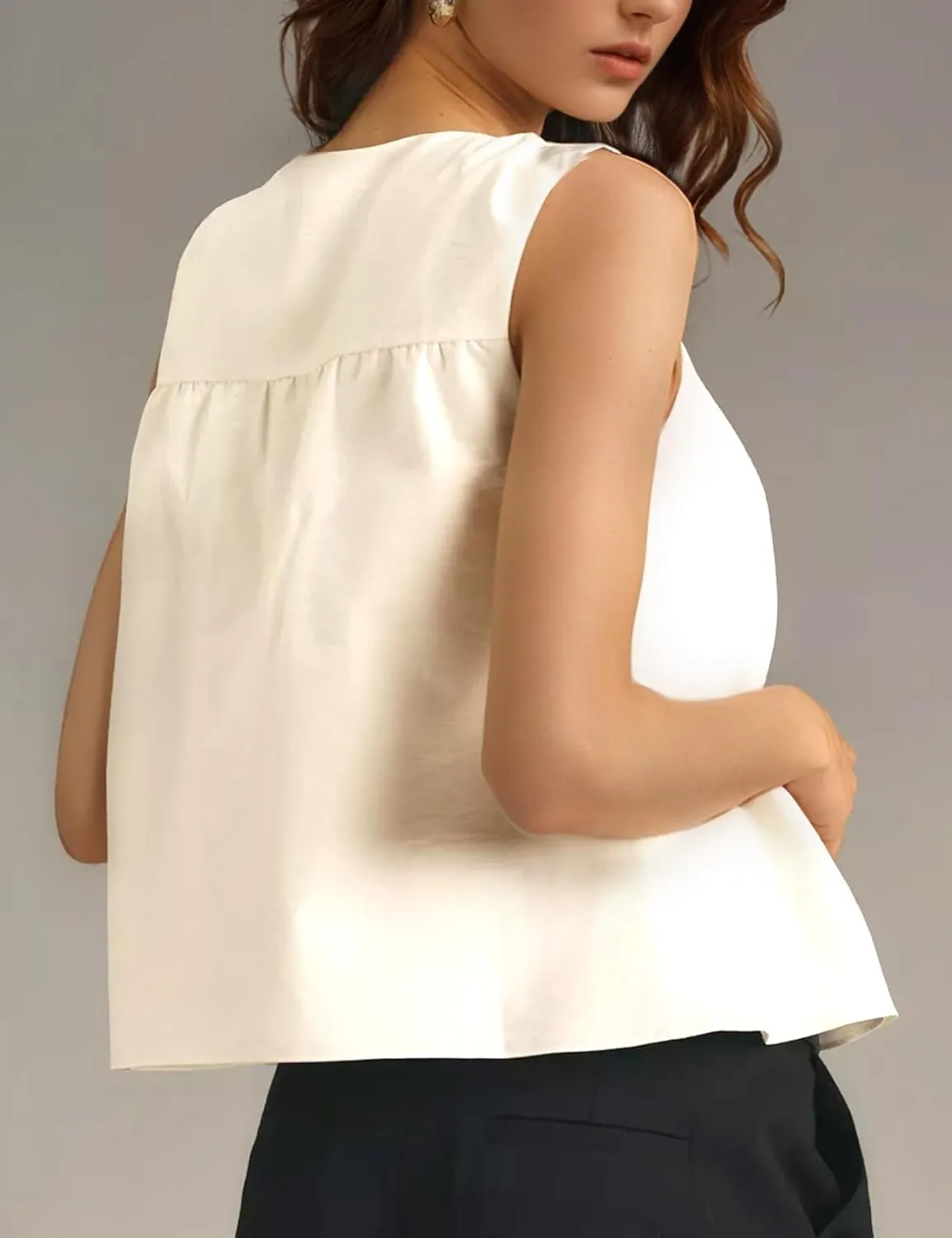 Wyeysyt Peplum Tops for Women Shirred Swing Tank Tops Pleated Flowy Vest Casual Sleeveless Blouse Loose Fit Ruffled Shirts