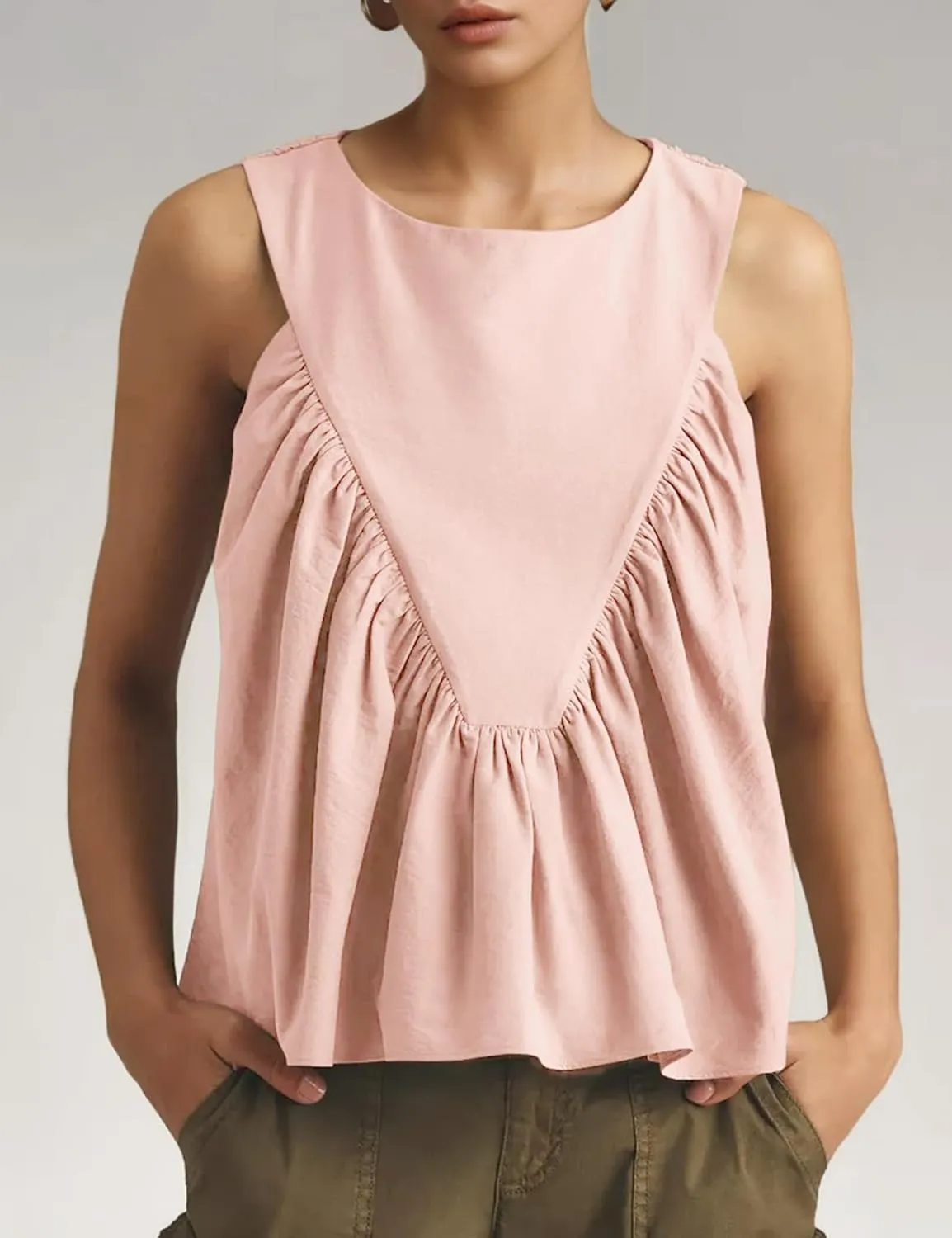 Wyeysyt Peplum Tops for Women Shirred Swing Tank Tops Pleated Flowy Vest Casual Sleeveless Blouse Loose Fit Ruffled Shirts
