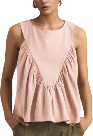 Wyeysyt Peplum Tops for Women Shirred Swing Tank Tops Pleated Flowy Vest Casual Sleeveless Blouse Loose Fit Ruffled Shirts