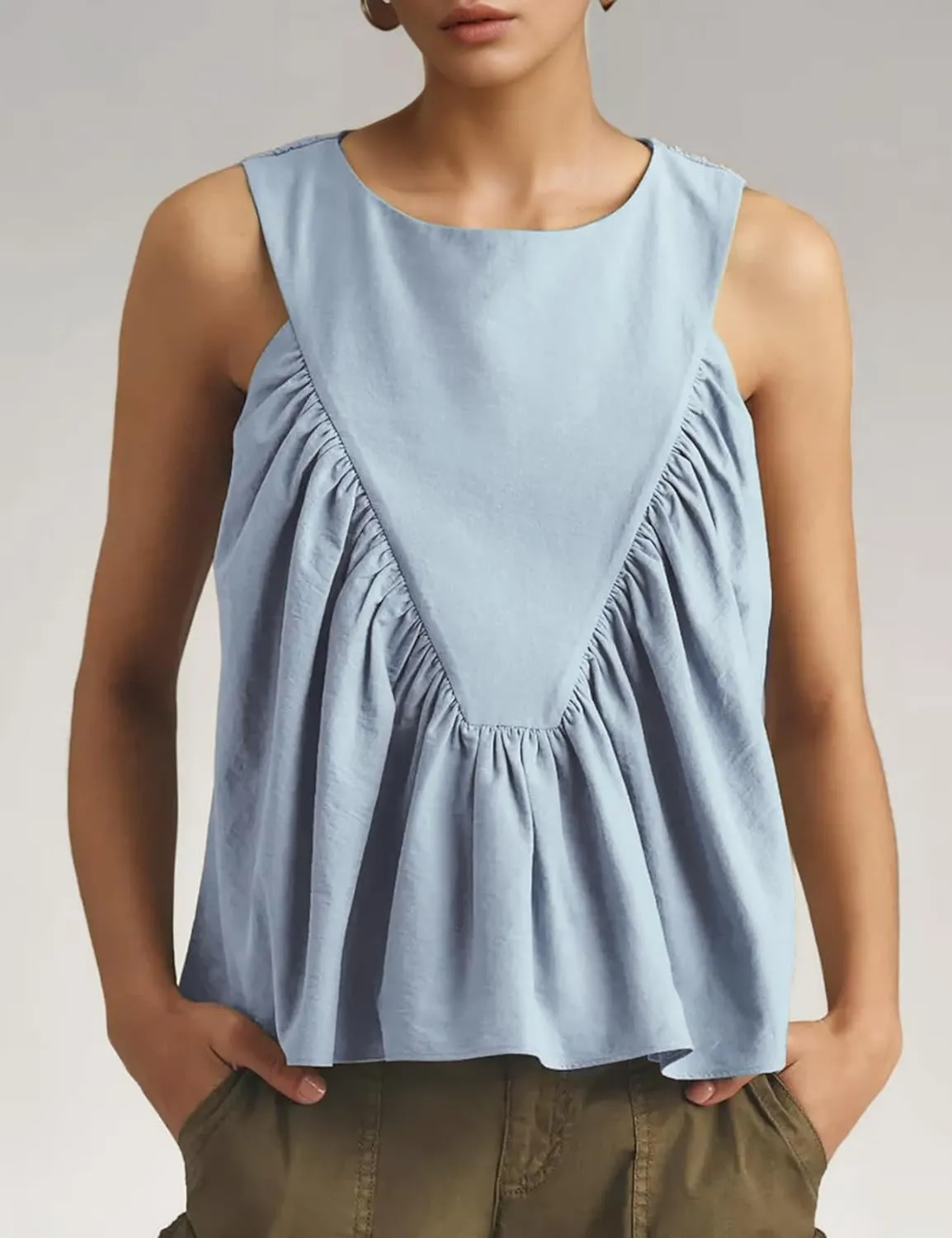 Wyeysyt Peplum Tops for Women Shirred Swing Tank Tops Pleated Flowy Vest Casual Sleeveless Blouse Loose Fit Ruffled Shirts