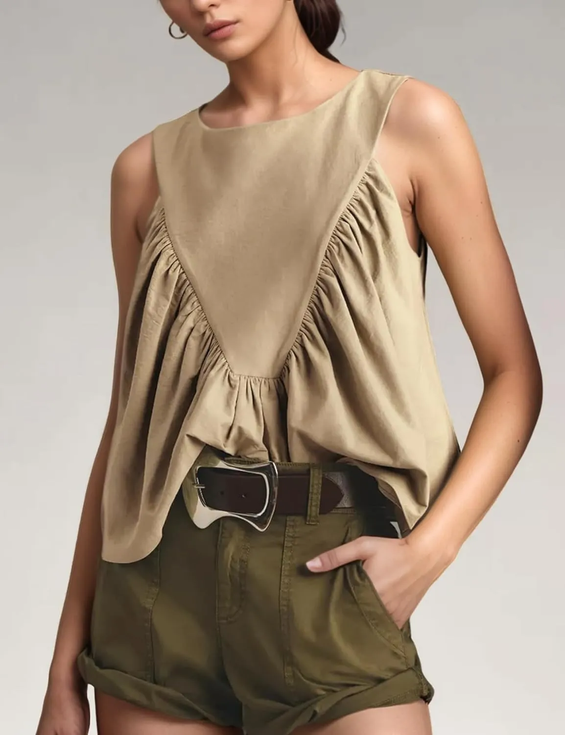 Wyeysyt Peplum Tops for Women Shirred Swing Tank Tops Pleated Flowy Vest Casual Sleeveless Blouse Loose Fit Ruffled Shirts