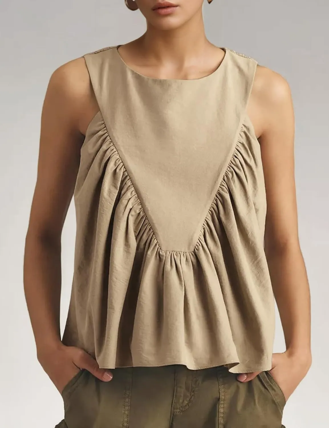 Wyeysyt Peplum Tops for Women Shirred Swing Tank Tops Pleated Flowy Vest Casual Sleeveless Blouse Loose Fit Ruffled Shirts