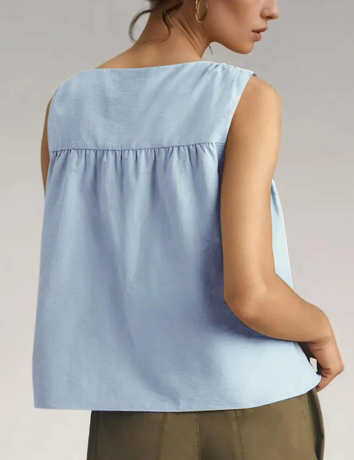 Wyeysyt Peplum Tops for Women Shirred Swing Tank Tops Pleated Flowy Vest Casual Sleeveless Blouse Loose Fit Ruffled Shirts