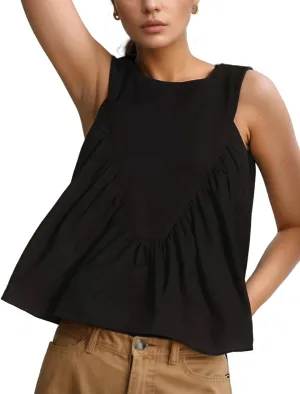 Wyeysyt Peplum Tops for Women Shirred Swing Tank Tops Pleated Flowy Vest Casual Sleeveless Blouse Loose Fit Ruffled Shirts