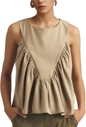 Wyeysyt Peplum Tops for Women Shirred Swing Tank Tops Pleated Flowy Vest Casual Sleeveless Blouse Loose Fit Ruffled Shirts