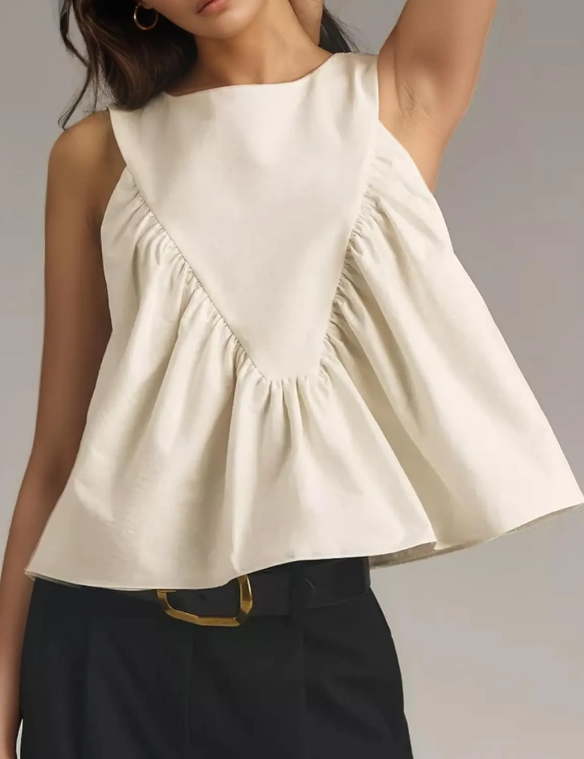 Wyeysyt Peplum Tops for Women Shirred Swing Tank Tops Pleated Flowy Vest Casual Sleeveless Blouse Loose Fit Ruffled Shirts