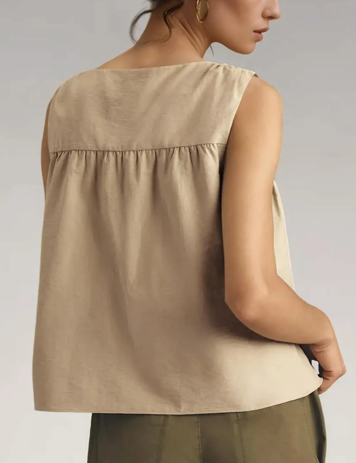 Wyeysyt Peplum Tops for Women Shirred Swing Tank Tops Pleated Flowy Vest Casual Sleeveless Blouse Loose Fit Ruffled Shirts