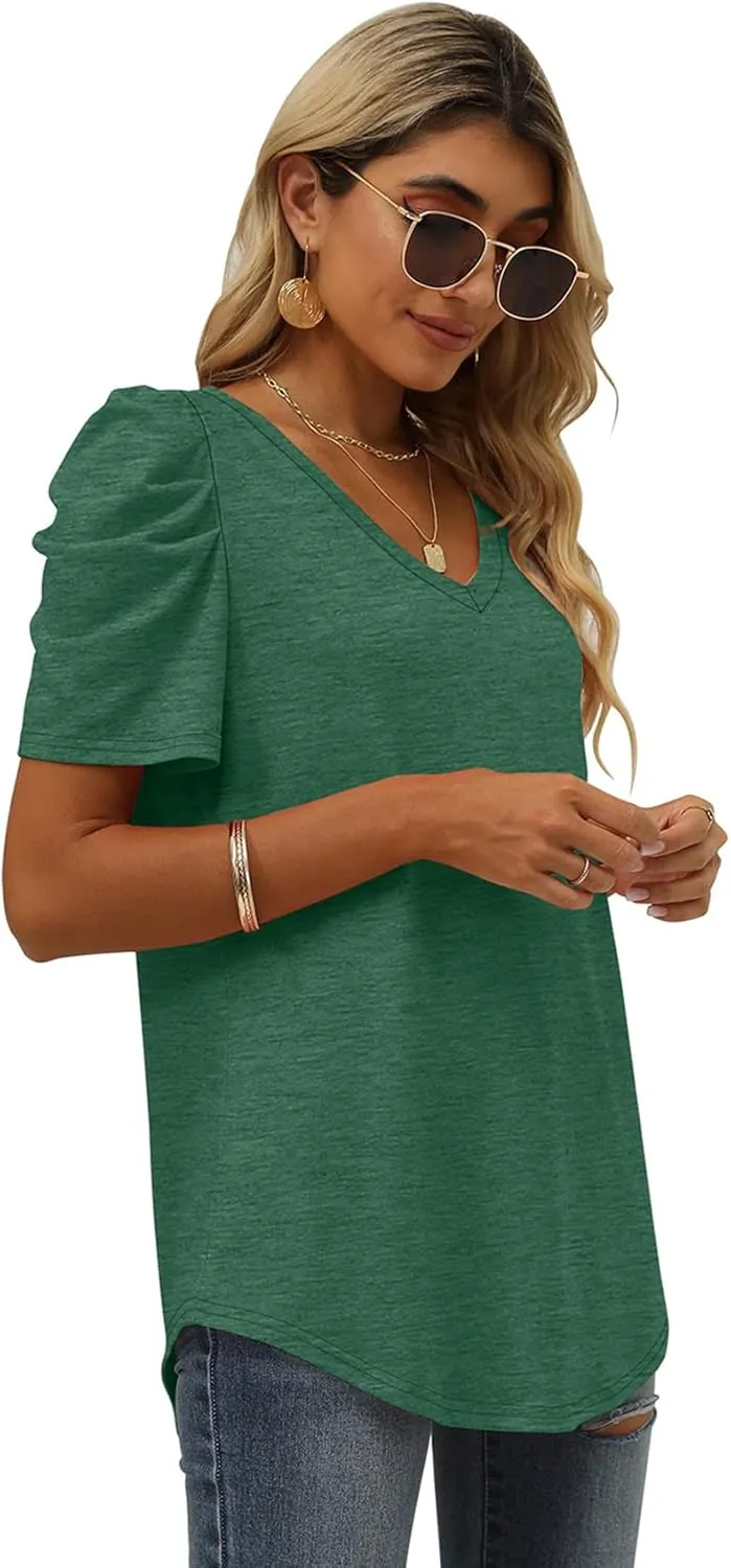 XIEERDUO Womens Summer Shirt V Neck Casual Tshirts Puff Sleeve Tops for Women Solid Color XS-3XL