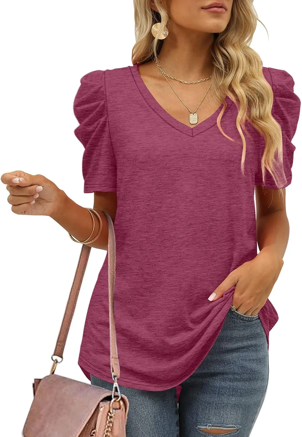 XIEERDUO Womens Summer Shirt V Neck Casual Tshirts Puff Sleeve Tops for Women Solid Color XS-3XL