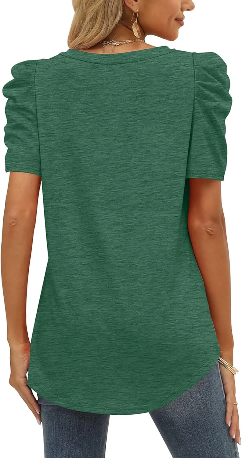 XIEERDUO Womens Summer Shirt V Neck Casual Tshirts Puff Sleeve Tops for Women Solid Color XS-3XL