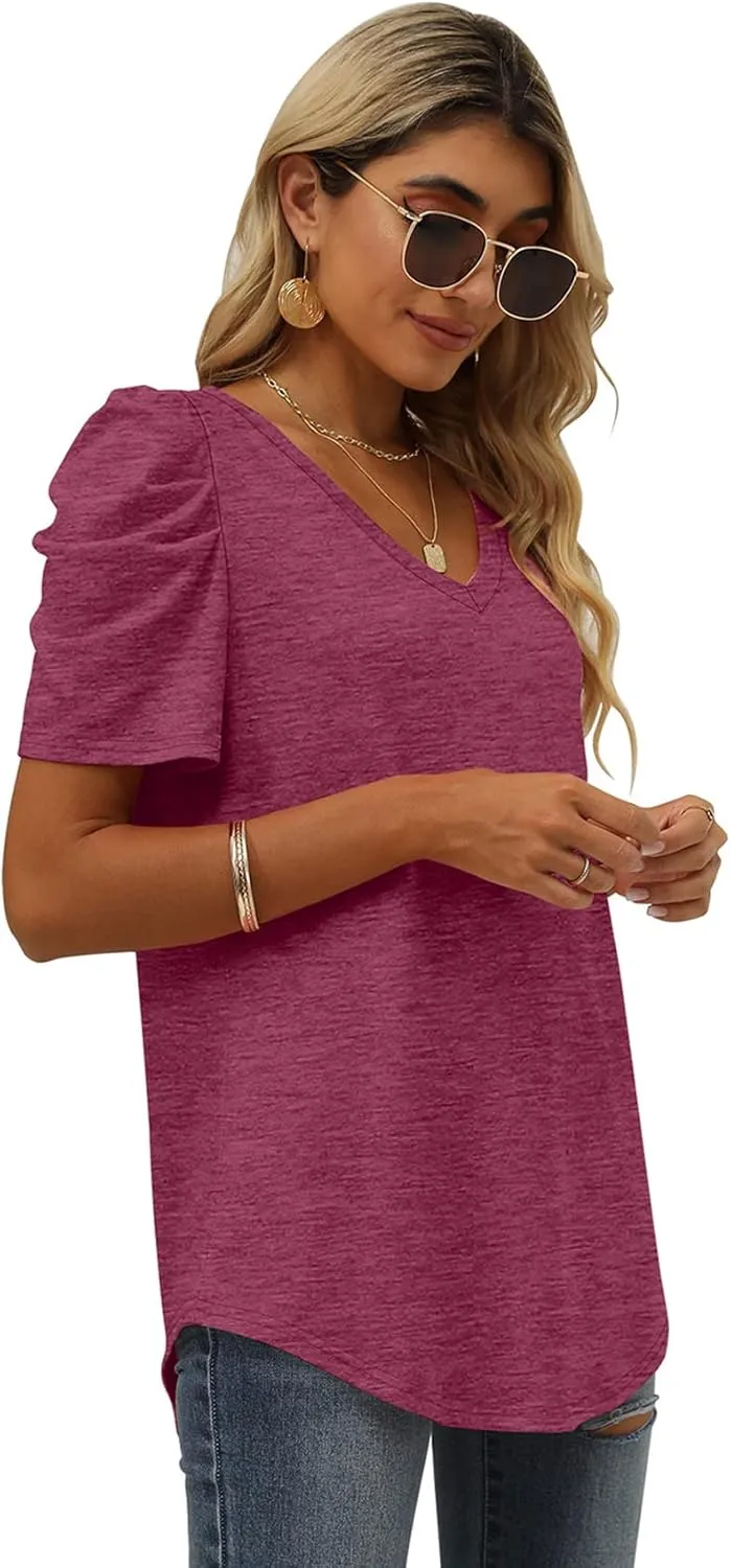 XIEERDUO Womens Summer Shirt V Neck Casual Tshirts Puff Sleeve Tops for Women Solid Color XS-3XL