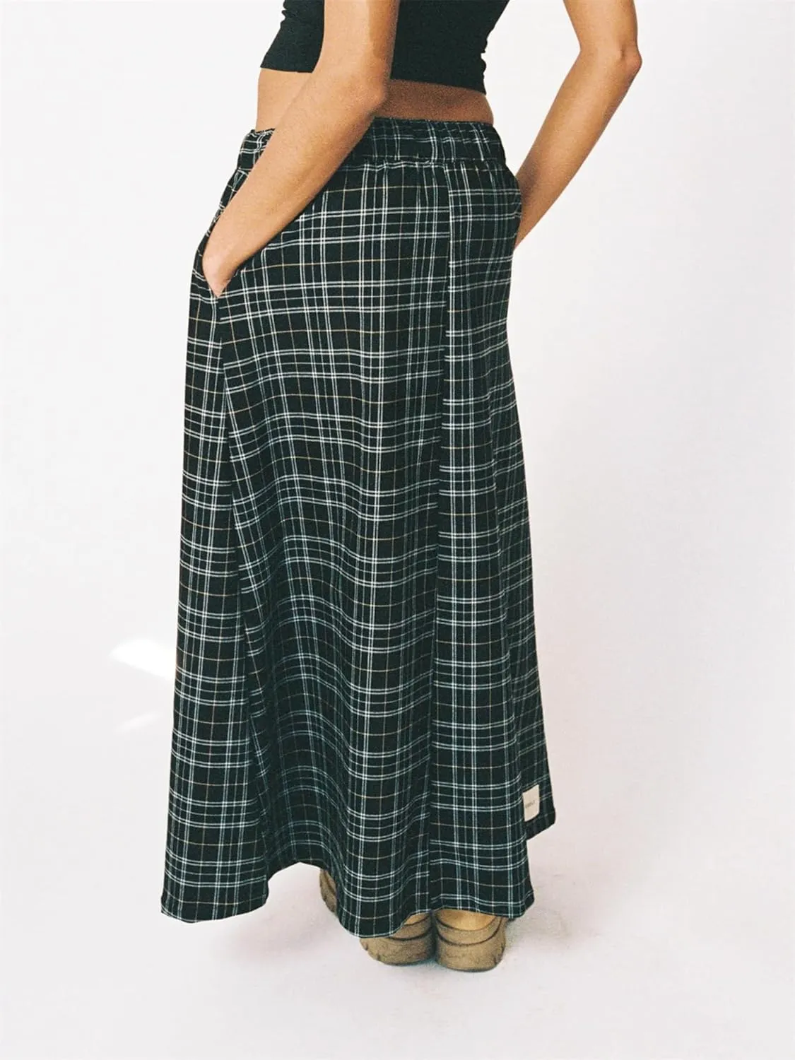 Y2K Plaid Maxi Skirt for Women Elastic High Waist Gingham A Line Flowy Swing Long Skirt Summer Retro Boho Streetwear
